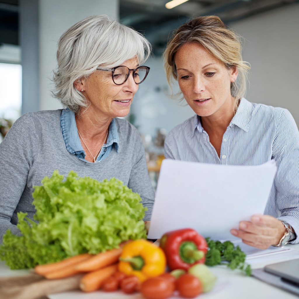 A mature woman in her 50s consulting with a nutritionist in a bright, modern wellness center, discussing healthy meal plans and lifestyle choices while reviewing documents together