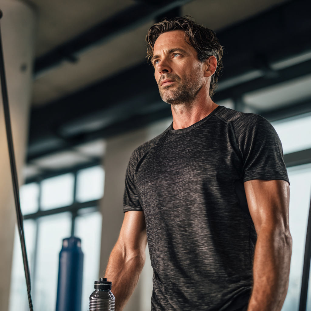 A professional fitness trainer in their 40s demonstrating proper exercise form in a modern gym environment, wearing athletic wear and maintaining excellent posture during a workout session